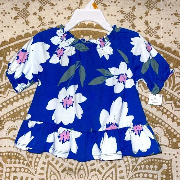 NWT “CARTER’S” GIRLS CUTE BLUE & WHITE FLORAL TOP, RUFFLE AT BOTTOM…SIZE 3T - Picture 1 of 3